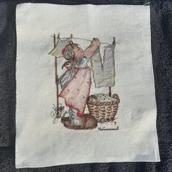 Finished Cross Stitch Signed Girl Hanging Laundry Completed 14" x 12" - Picture 3 of 4
